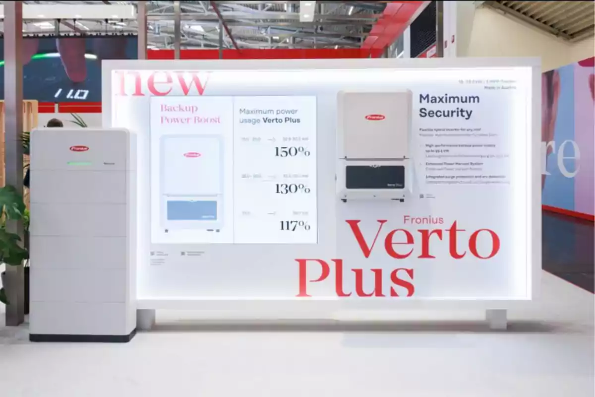 Exhibición de un sistema de energía Fronius Verto Plus con información sobre su capacidad de respaldo y seguridad máxima.