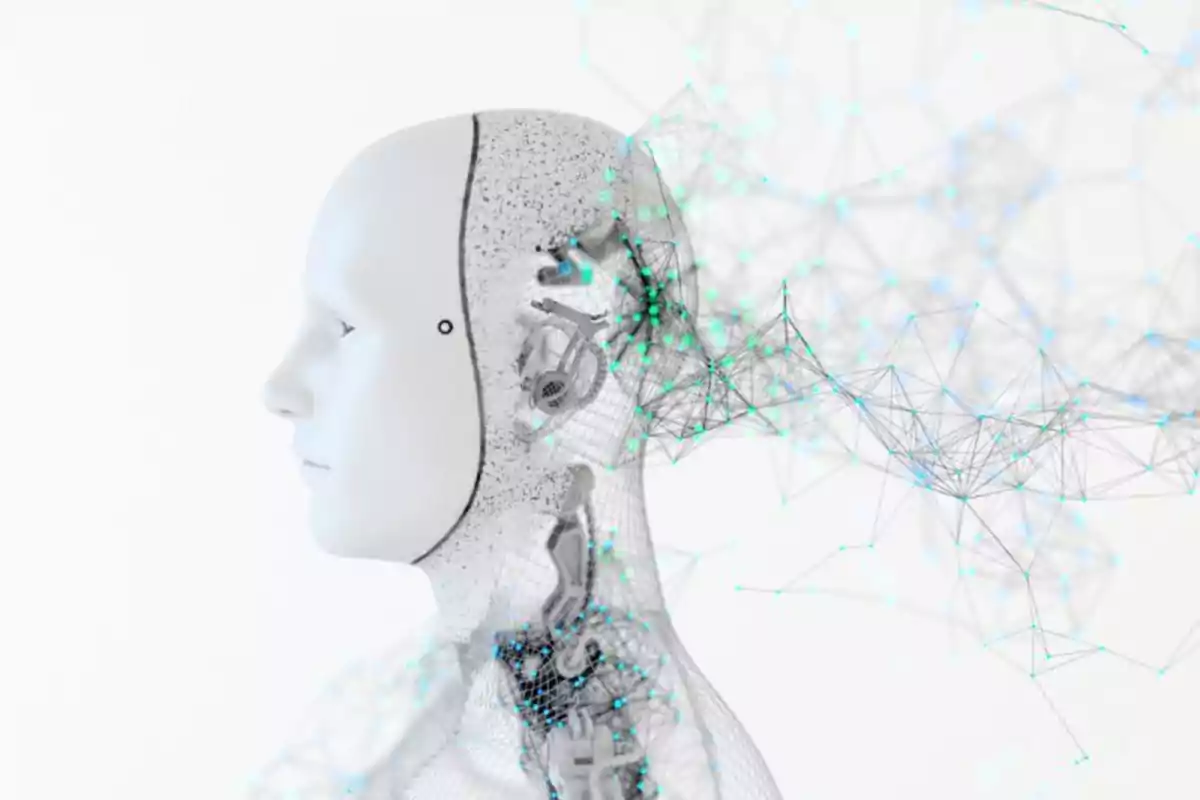 Figura de un androide blanco con partes mecánicas visibles y una red de conexiones digitales saliendo de su cabeza sobre fondo claro
