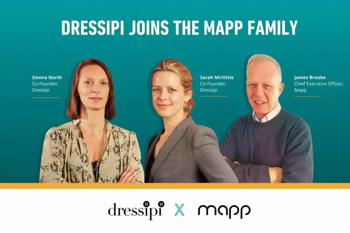 Tres personas posan frente a un fondo verde con el texto "Dressipi se une a la familia Mapp" y los logotipos de ambas empresas.