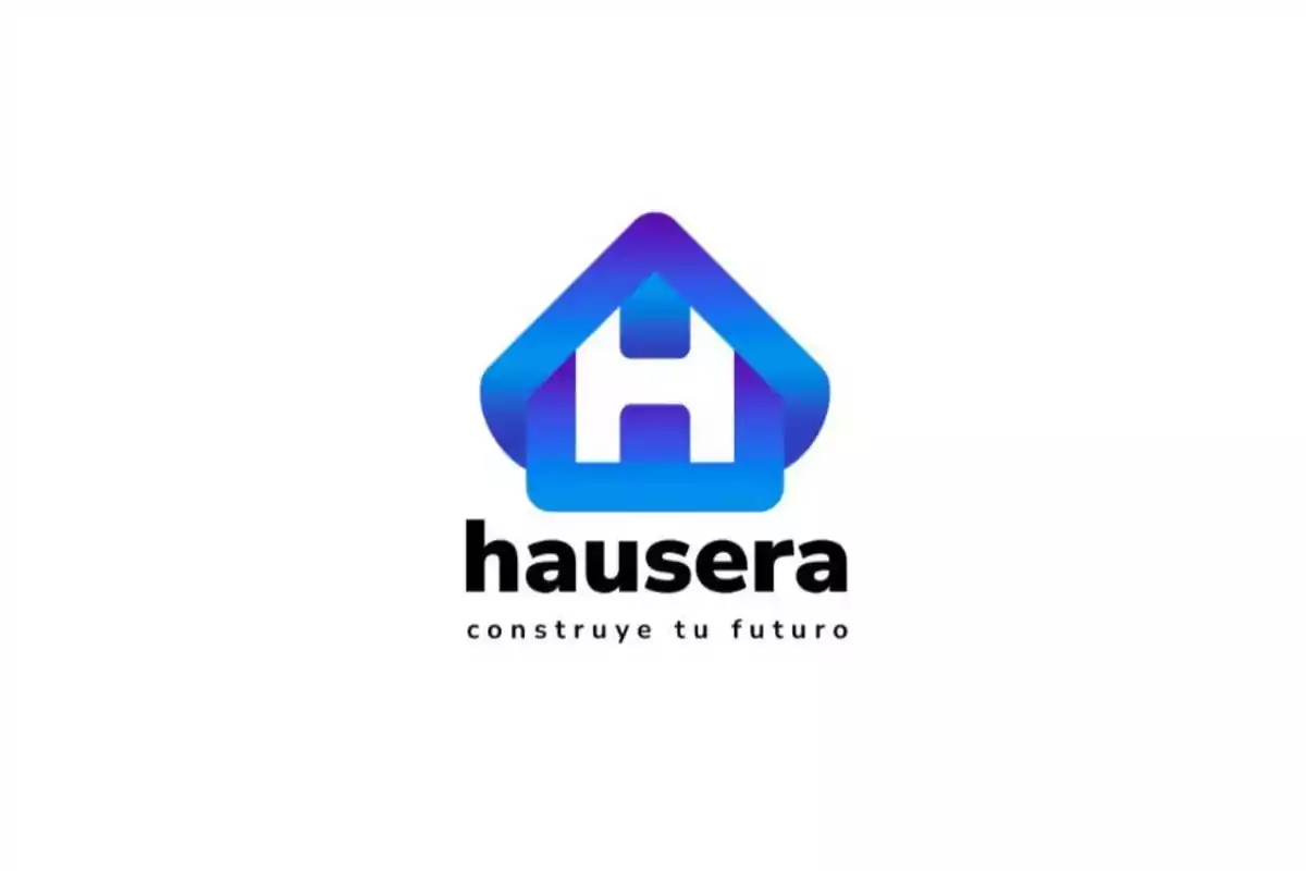 Logotipo de una empresa con un diseño de casa azul y la letra H en el centro, acompañado del texto "hausera construye tu futuro".