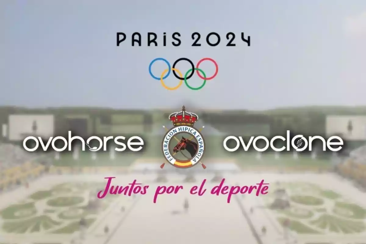 Imagen promocional de los Juegos Olímpicos de París 2024 con los logotipos de Ovohorse, Ovoclone y la Federación Hípica Española, acompañada del lema "Juntos por el deporte".