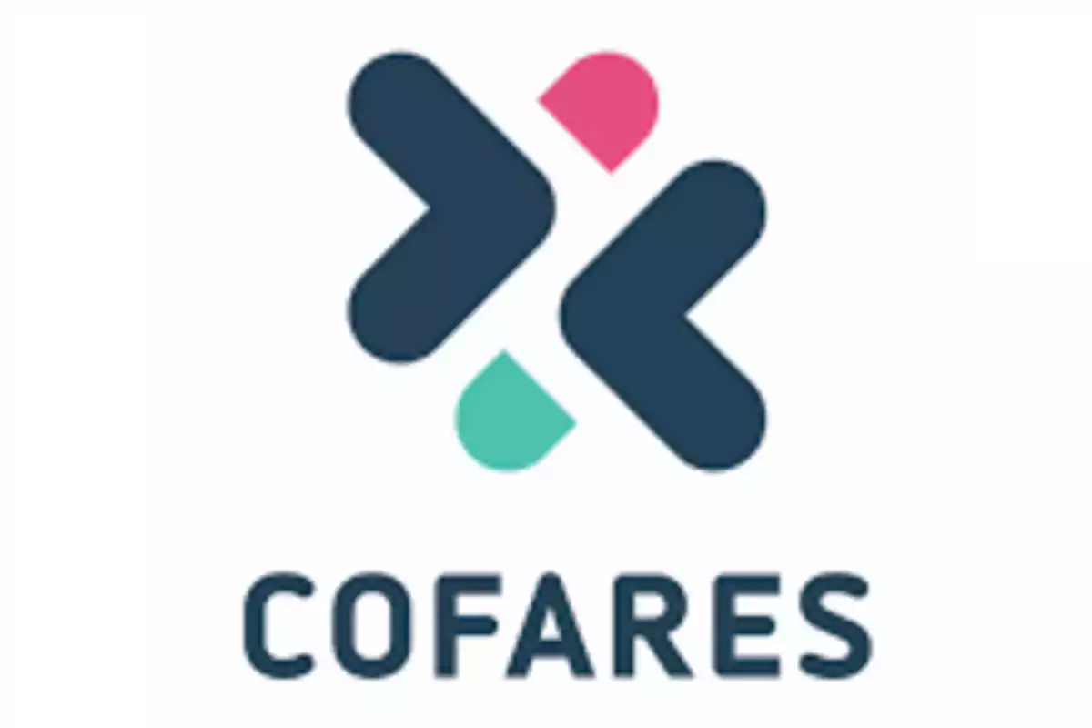 Logotipo de Cofares con formas geométricas en colores azul oscuro, rosa y verde sobre fondo blanco.