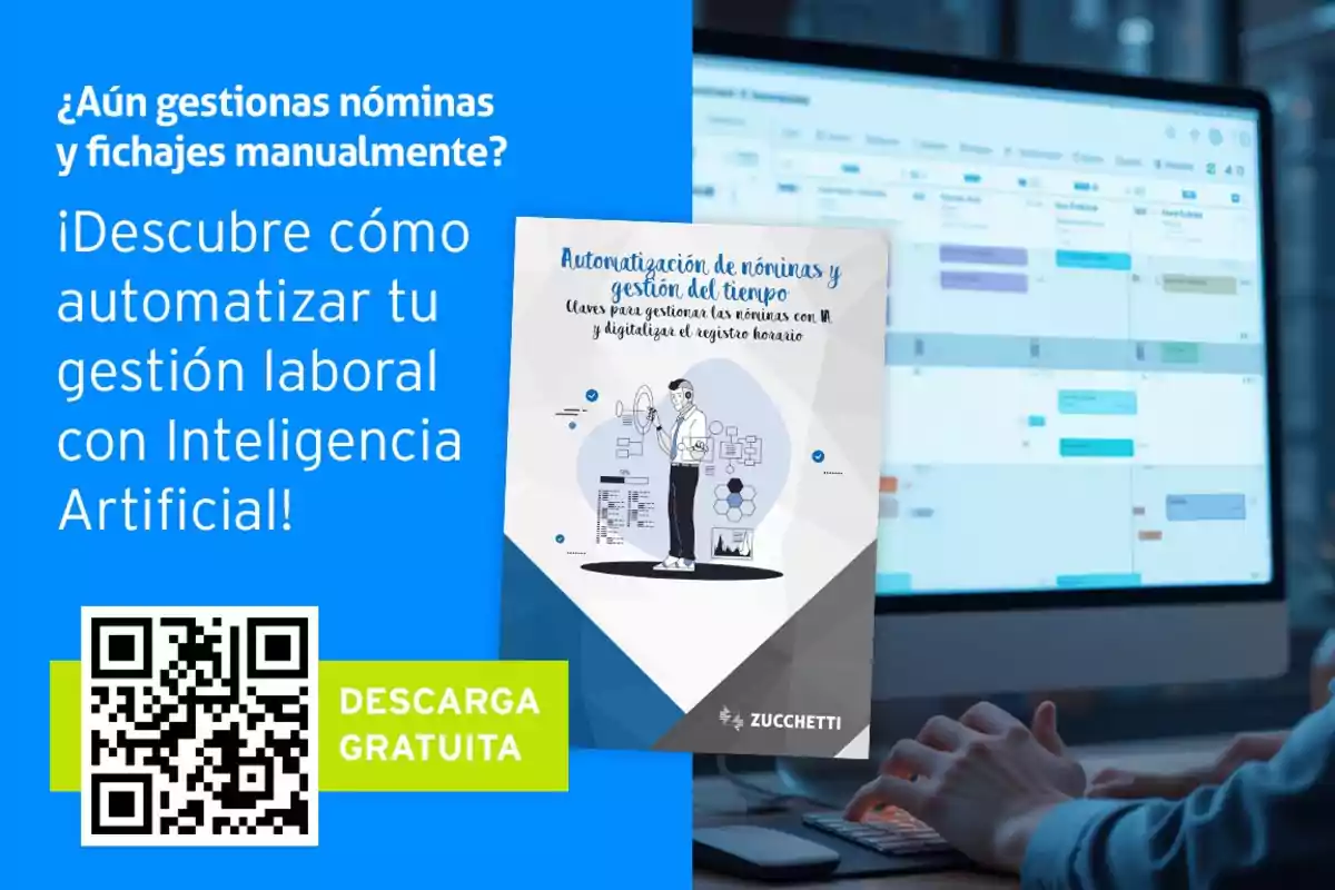 Promoción de software para automatizar la gestión laboral con inteligencia artificial, mostrando un folleto sobre nóminas y un código QR para descarga gratuita.