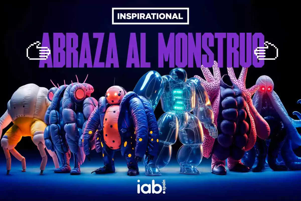 La imagen muestra a varios personajes disfrazados de monstruos inflables con el texto "ABRAZA AL MONSTRUO" en letras grandes y moradas, y el logotipo de iab Spain en la parte inferior.