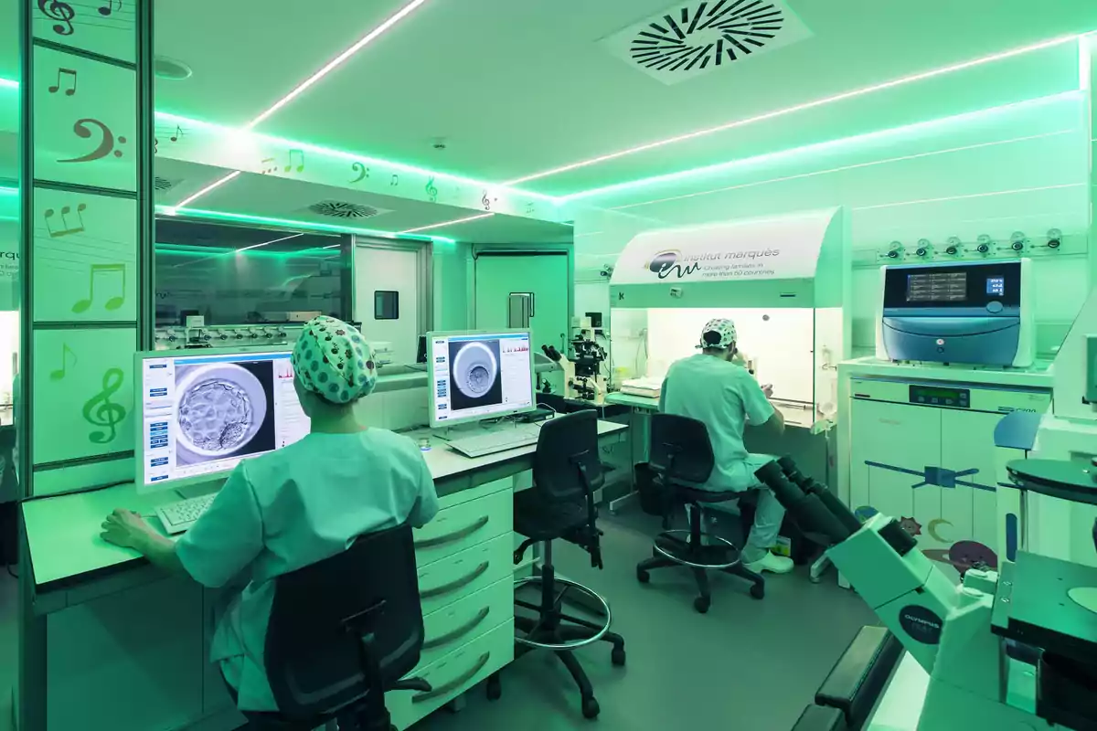 Dos personas con batas y gorros quirúrgicos trabajan en un laboratorio moderno con iluminación verde, observando imágenes de células en monitores de computadora.