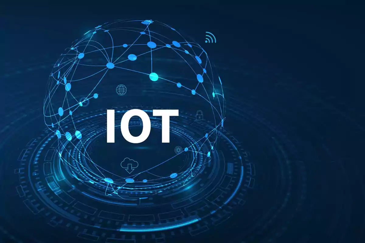 Representación gráfica del Internet de las Cosas con un diseño de red digital y el texto "IOT" en el centro.