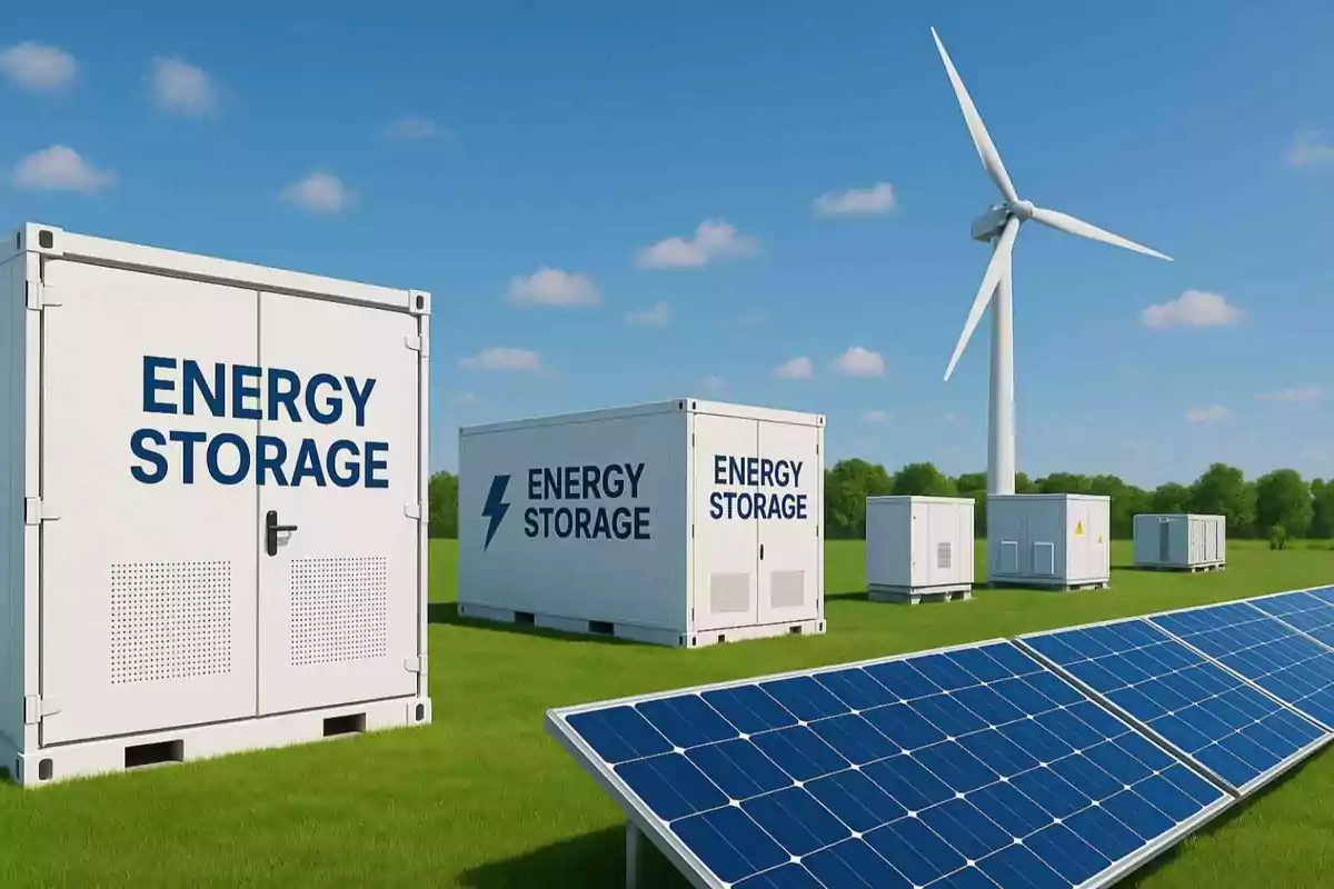 Instalación de almacenamiento de energía con paneles solares y un aerogenerador en un campo verde bajo un cielo azul.