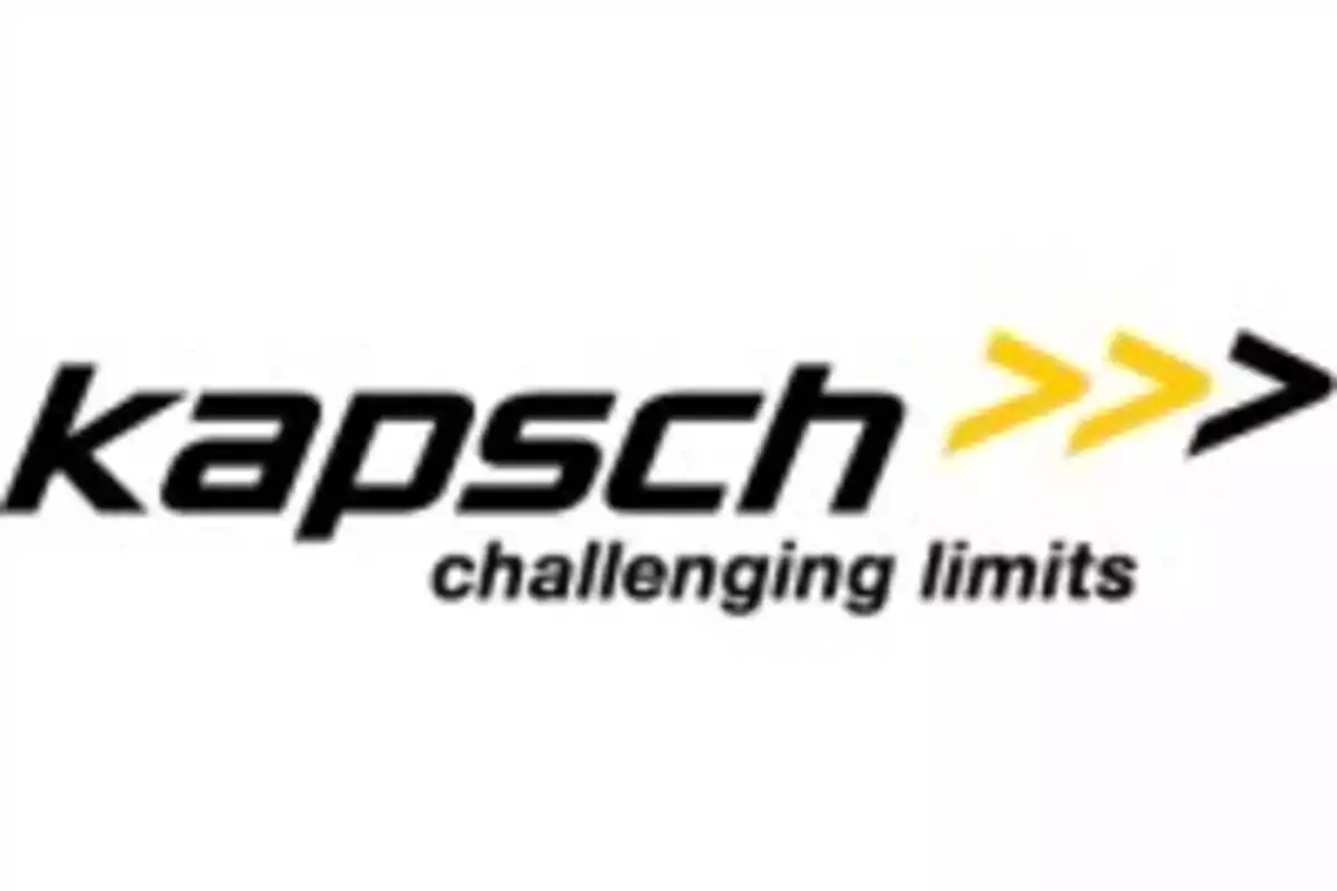 Logotipo de Kapsch con el lema "challenging limits" y tres flechas amarillas apuntando a la derecha.