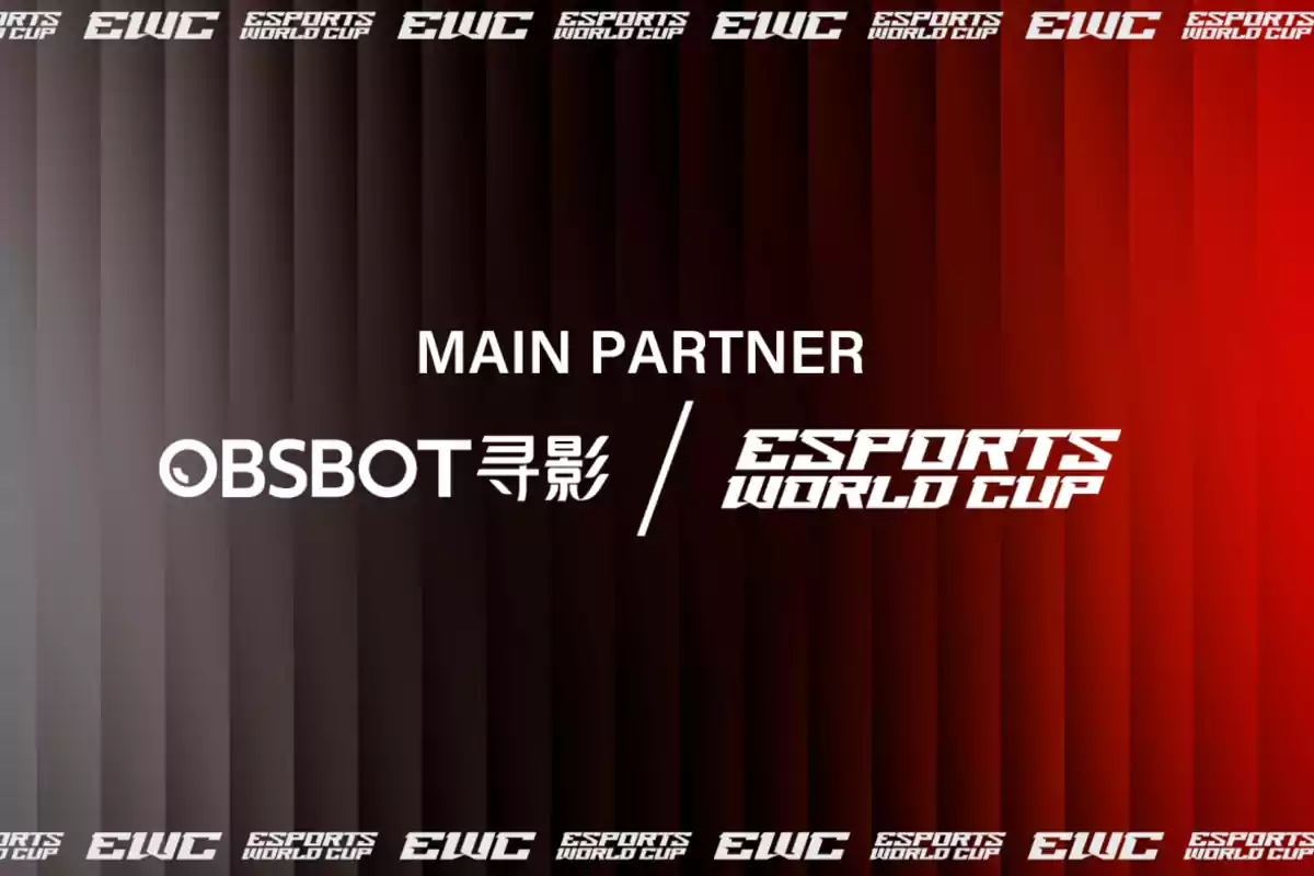 Imagen con fondo degradado de tonos oscuros a rojos, texto central que dice "MAIN PARTNER" y logos de OBSBOT y Esports World Cup.