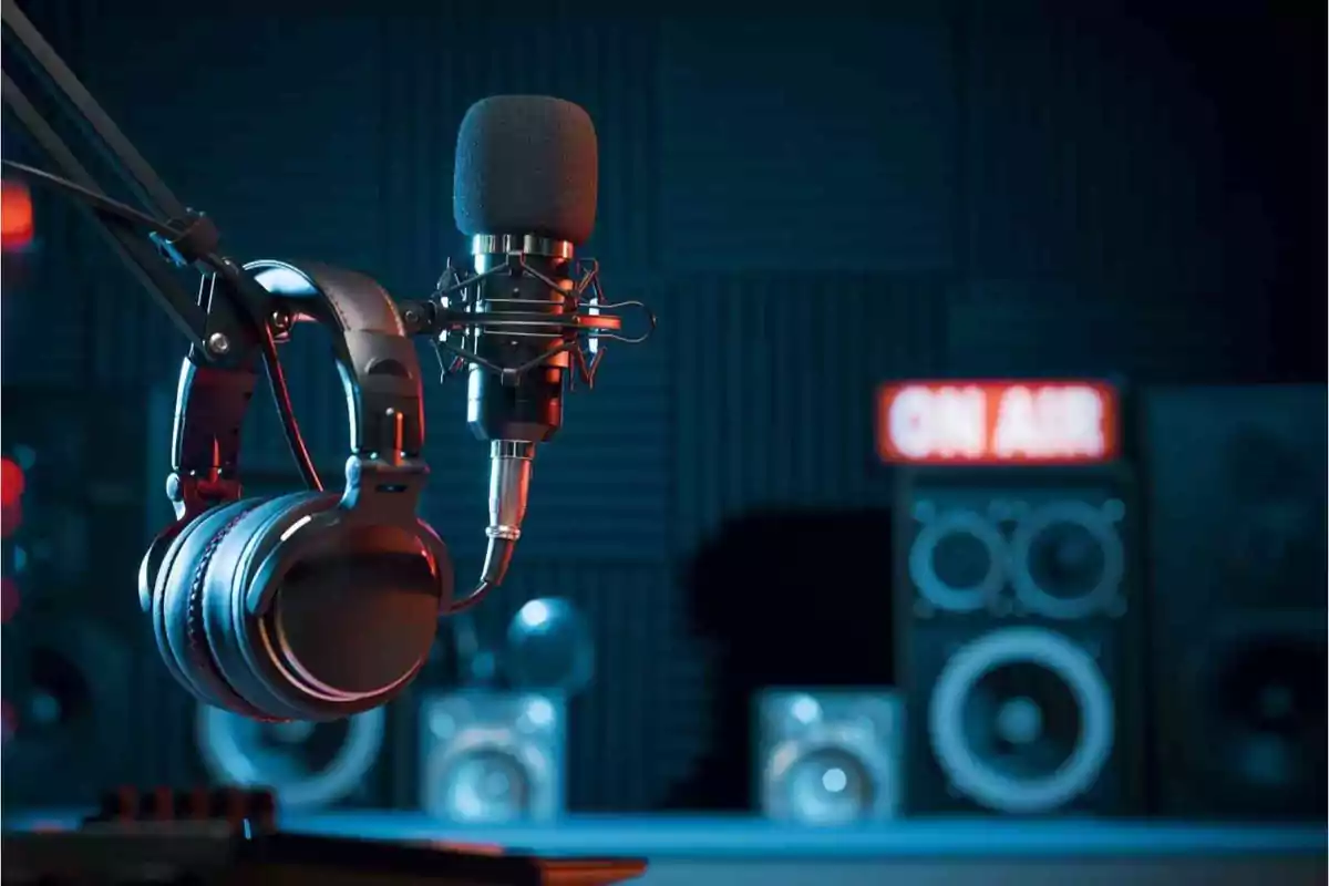 Micrófono y auriculares en un estudio de grabación con un letrero de "On Air" iluminado al fondo.