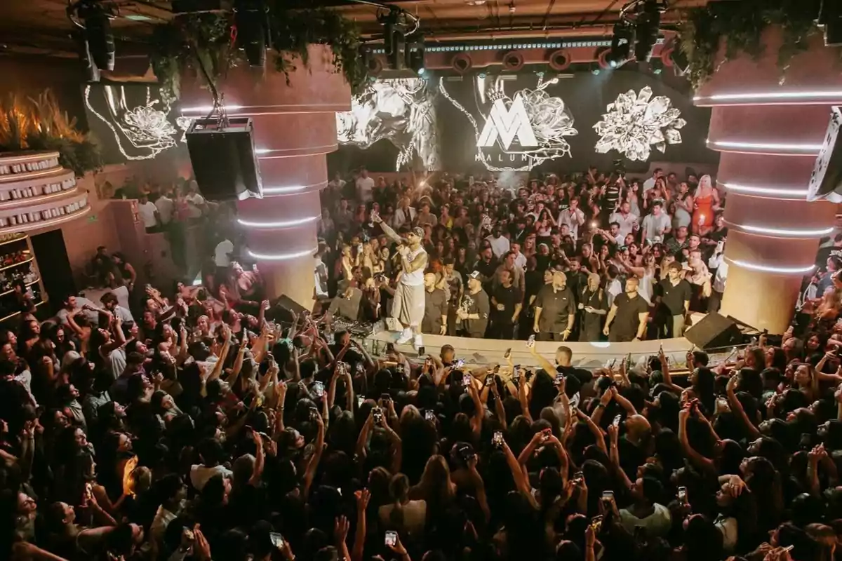 Una multitud de personas en un concierto en un club nocturno con un escenario iluminado y un artista actuando.