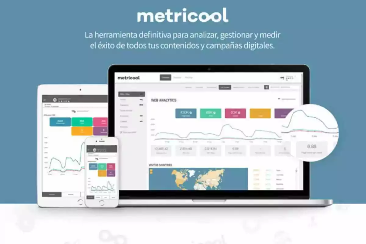 Dispositivos mostrando la interfaz de Metricool para análisis y gestión de contenidos digitales.