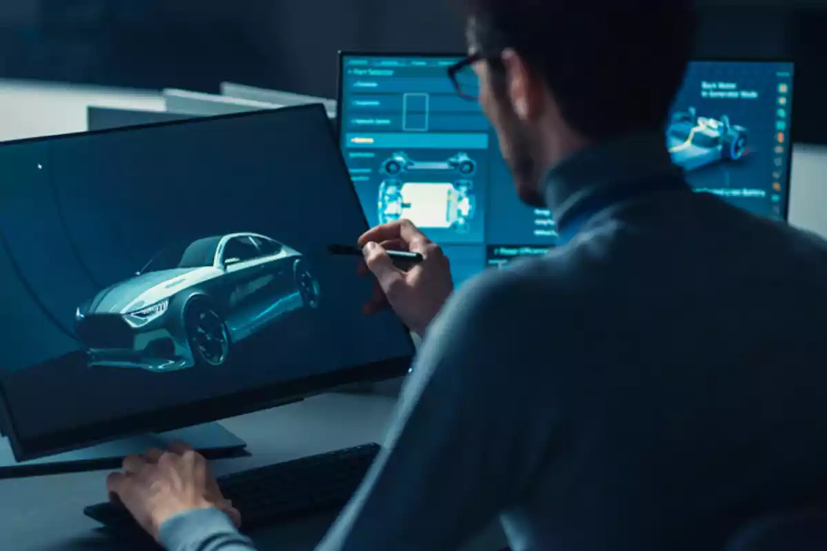 Persona trabajando en el diseño de un automóvil en una computadora con pantallas que muestran gráficos técnicos.