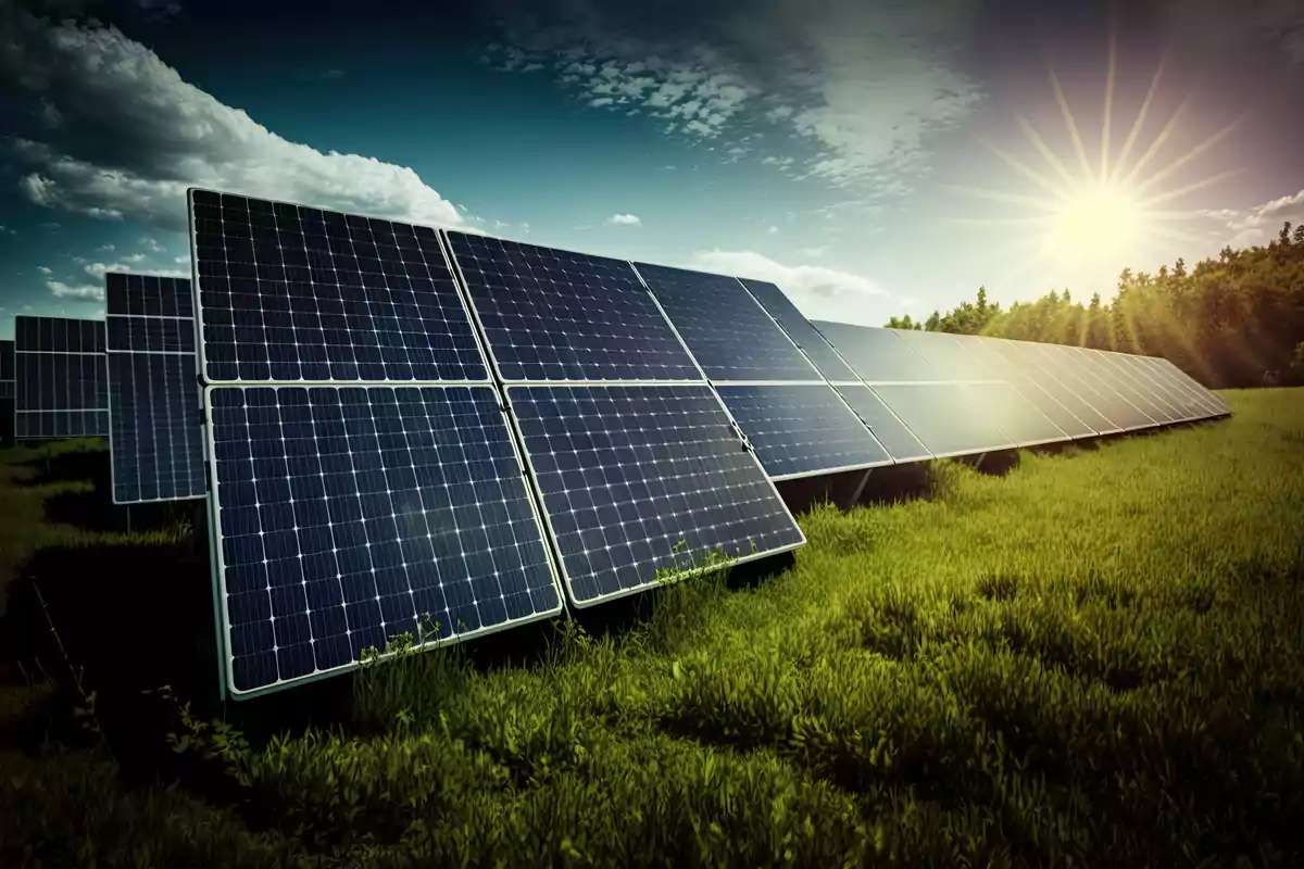 Paneles solares en un campo verde bajo un cielo parcialmente nublado con el sol brillando.