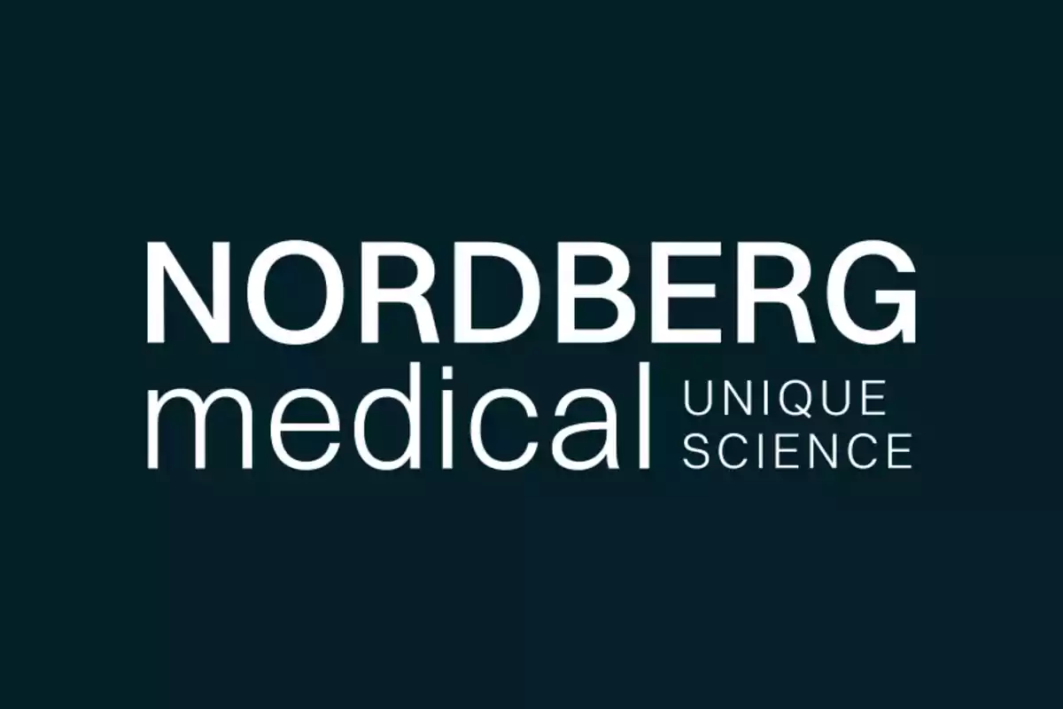 Logotipo de Nordberg Medical con el lema Unique Science en fondo oscuro.