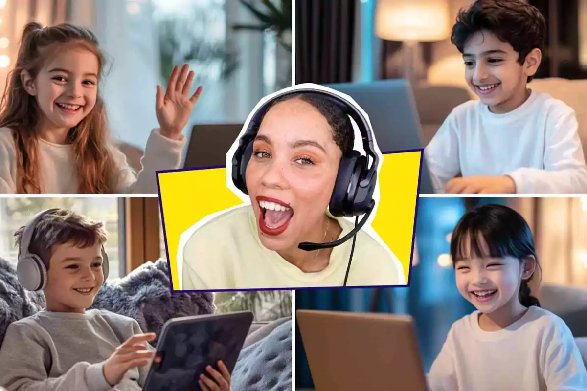 Niños participando en una clase virtual con una maestra usando auriculares.