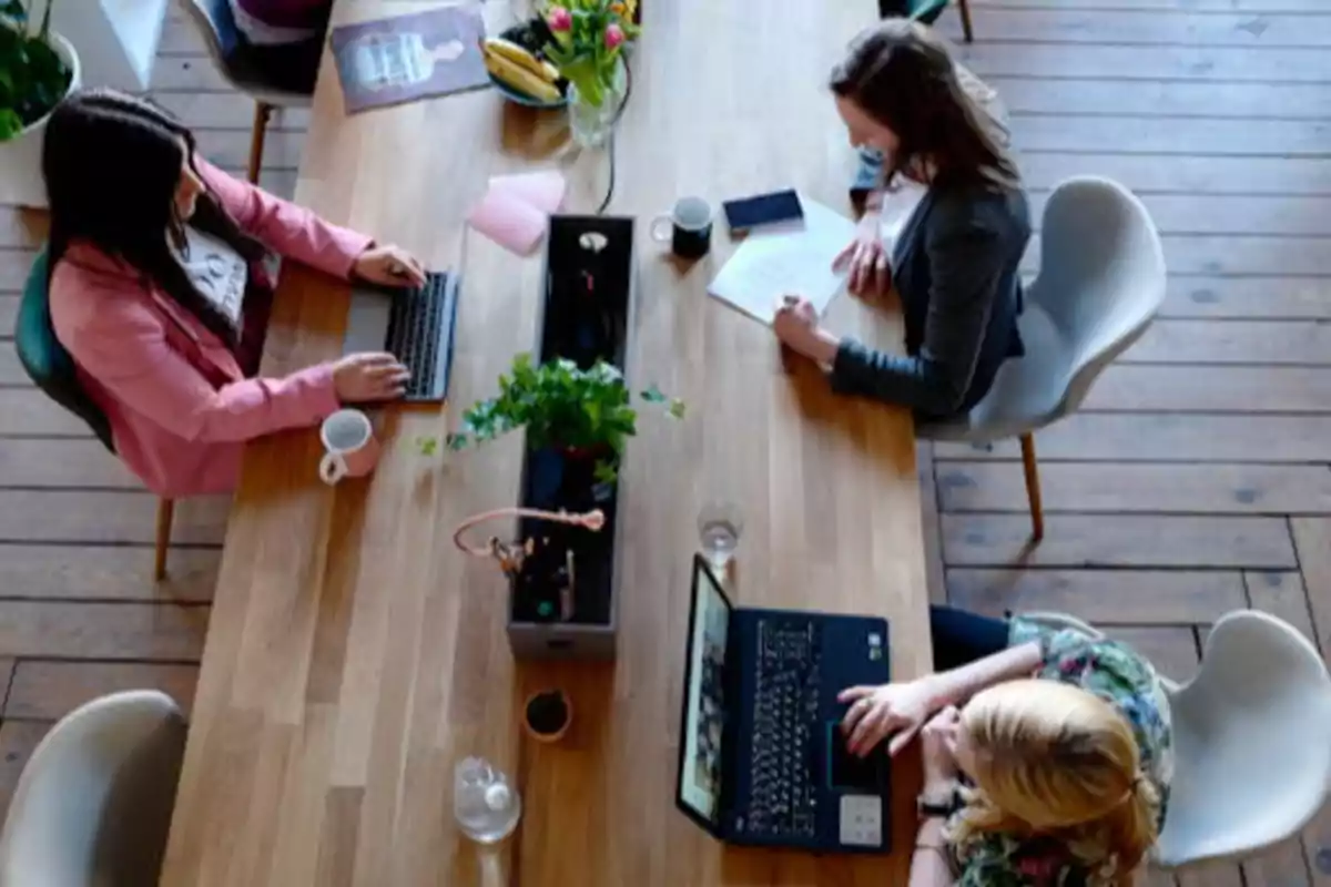 Personas trabajando en una mesa de madera con laptops y cuadernos en un ambiente de oficina compartida.