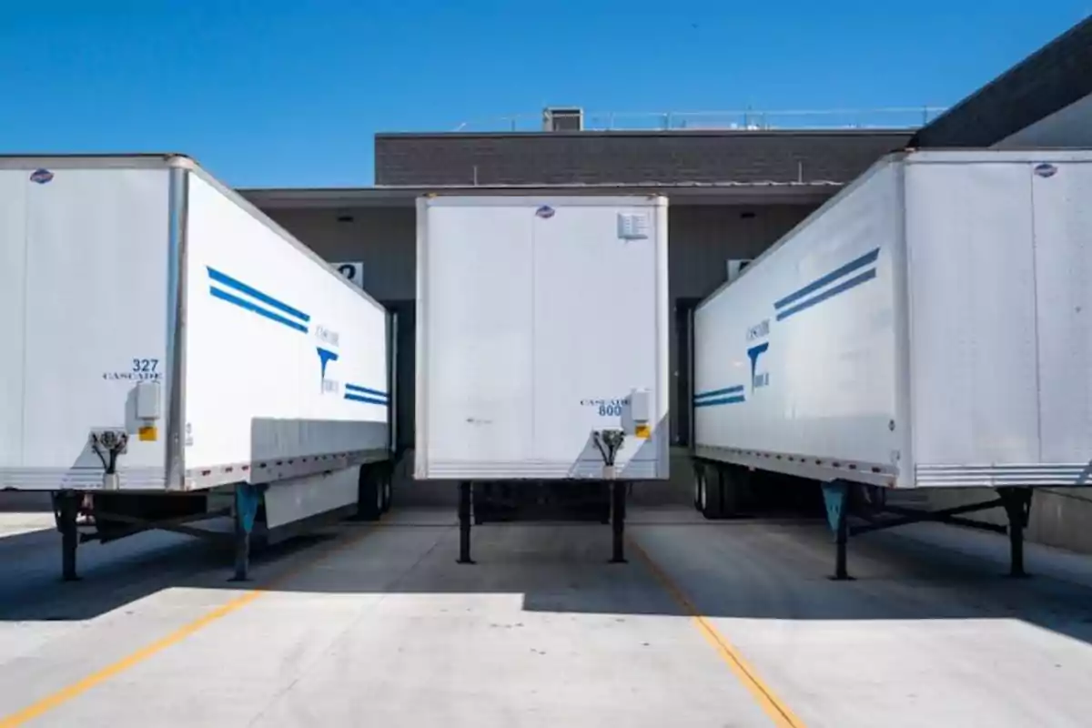 Tres cajas de tráiler blancas estacionadas en un andén de carga bajo un cielo despejado