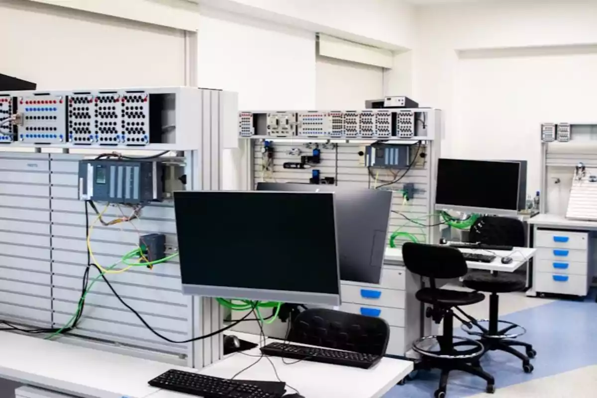 Laboratorio moderno de automatización industrial con computadoras, escritorios, sillas y paneles de control conectados por cables