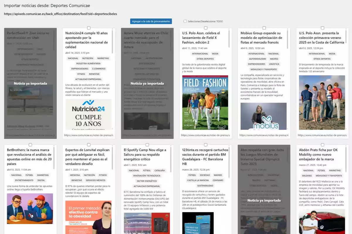 La imagen muestra una interfaz de usuario para importar noticias desde "Deportes Comunicae". Se observan varias tarjetas con diferentes noticias, cada una con un título, fecha, hora y categorías como "Internacional", "Moda", "Marketing", entre otras. Algunas noticias están marcadas como "Noticia ya importada".