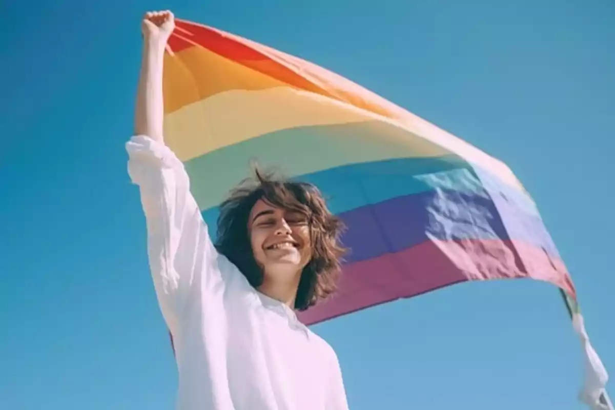 Persona sonriendo y sosteniendo una bandera del arcoíris bajo un cielo despejado.