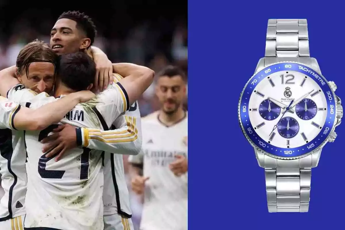 jugadores del real madrid abrazados y un reloj