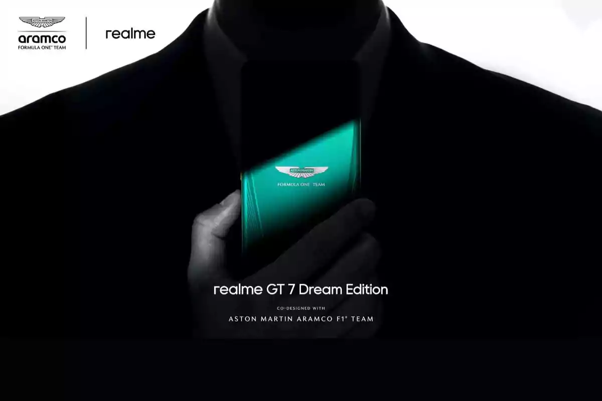 Persona de traje sosteniendo un teléfono verde con el logo de Aston Martin y texto promocional de realme GT 7 Dream Edition co-diseñado con el equipo Aston Martin Aramco F1