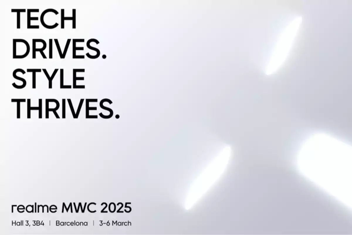 Texto promocional de un evento de tecnología de Realme en el MWC 2025 en Barcelona del 3 al 6 de marzo.