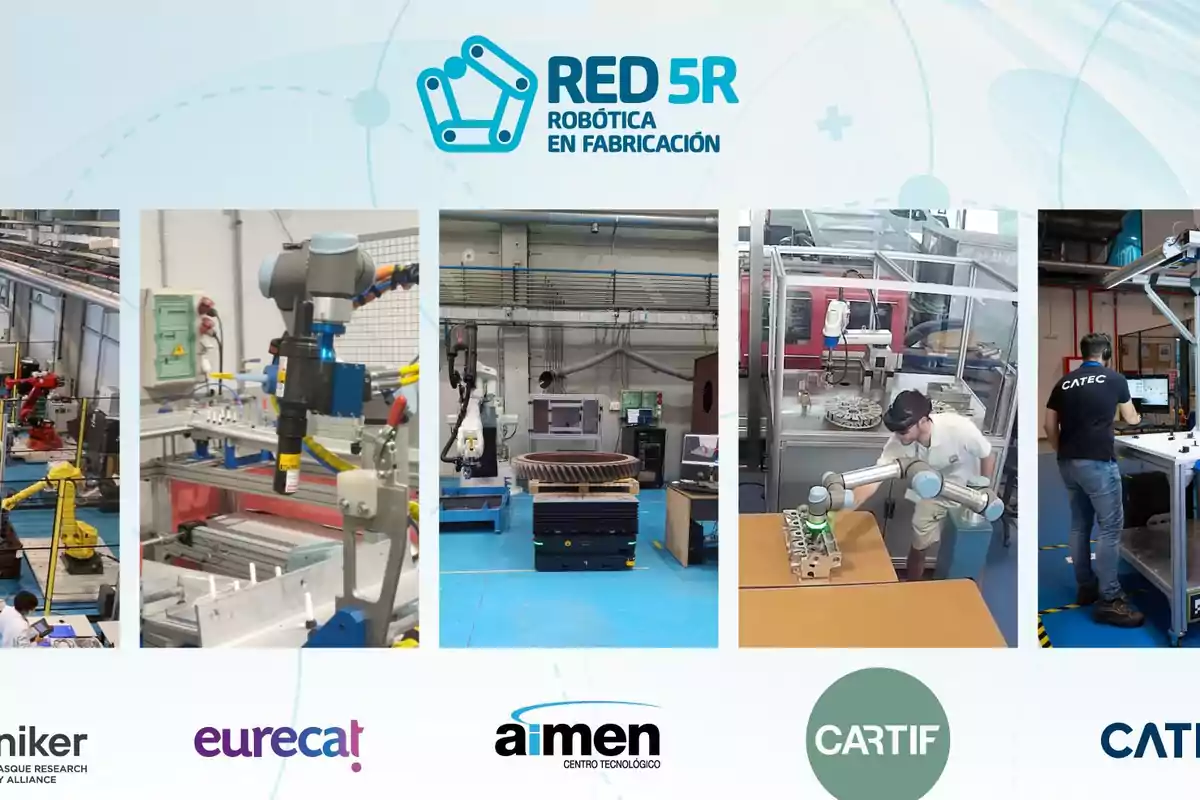 Imagen de la Red 5R de Robótica en Fabricación mostrando diversas instalaciones y equipos robóticos de diferentes centros tecnológicos, con logotipos de Tecnalia, Eurecat, Aimen, Cartif y Catec.