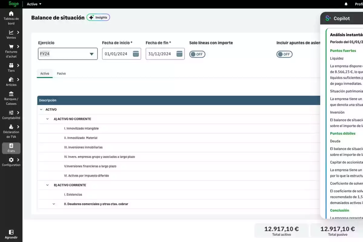 Pantalla de un software de contabilidad mostrando un balance de situación para el ejercicio FY24 con fechas de inicio y fin del 01/01/2024 al 31/12/2024, incluye secciones de activo no corriente y corriente, y un análisis instantáneo de puntos fuertes y débiles, con un total de activo y pasivo de 12.917,10 €.