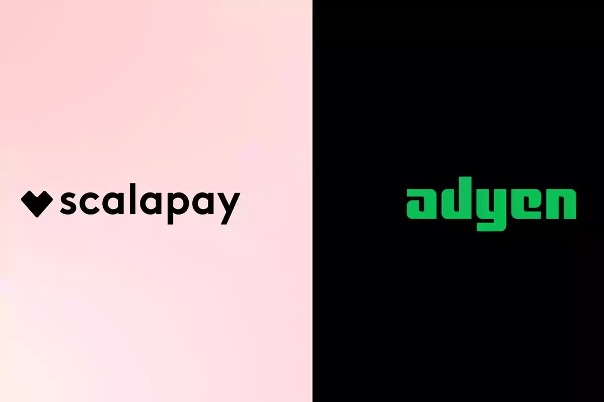 Logotipos de Scalapay y Adyen sobre fondos de colores diferentes.