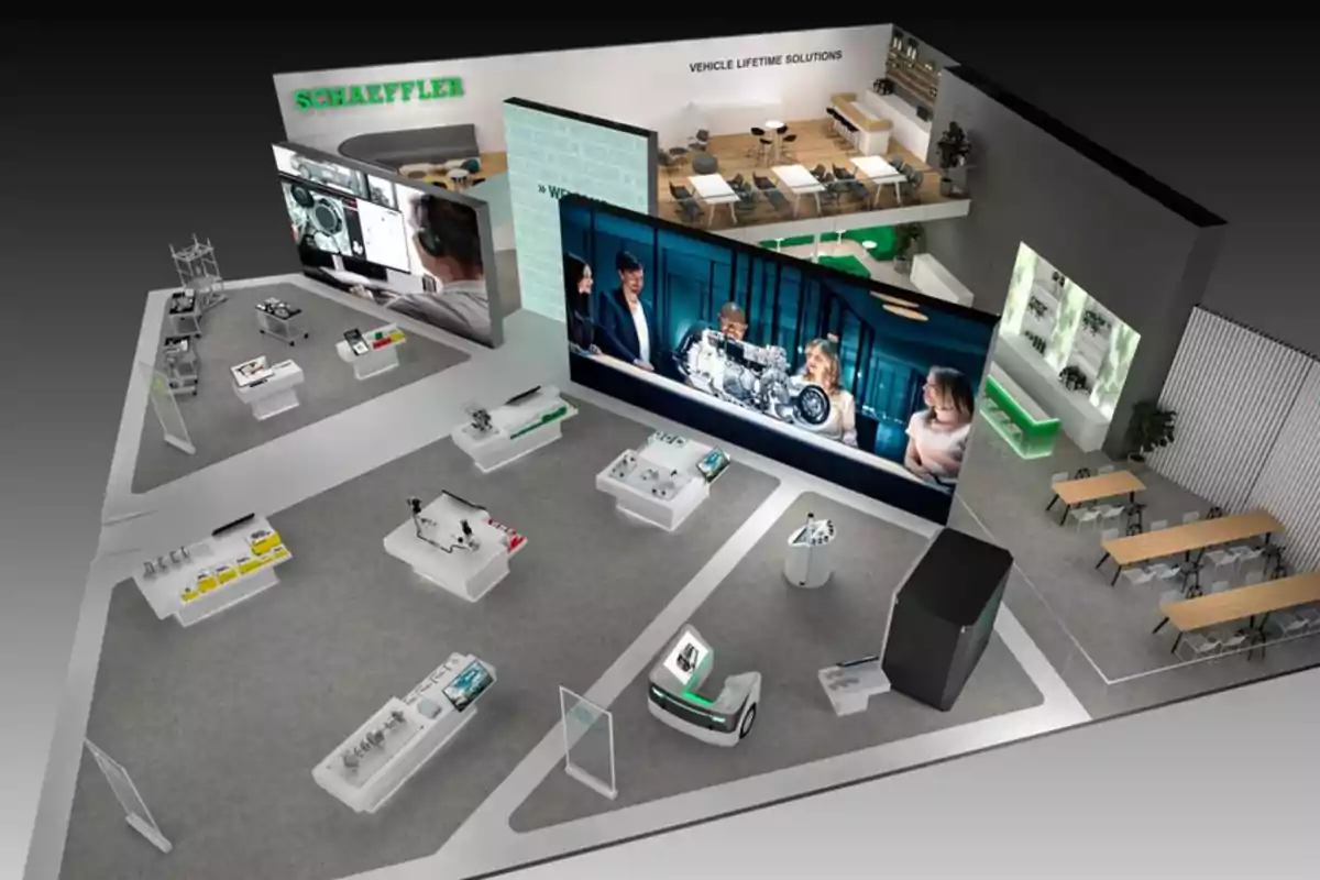 Vista aérea de un stand de exhibición de Schaeffler con varias áreas de exposición, pantallas grandes y zonas de descanso.