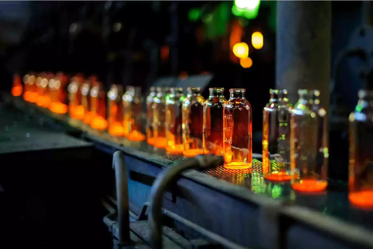 Botellas de vidrio brillantes en una línea de producción en una fábrica.