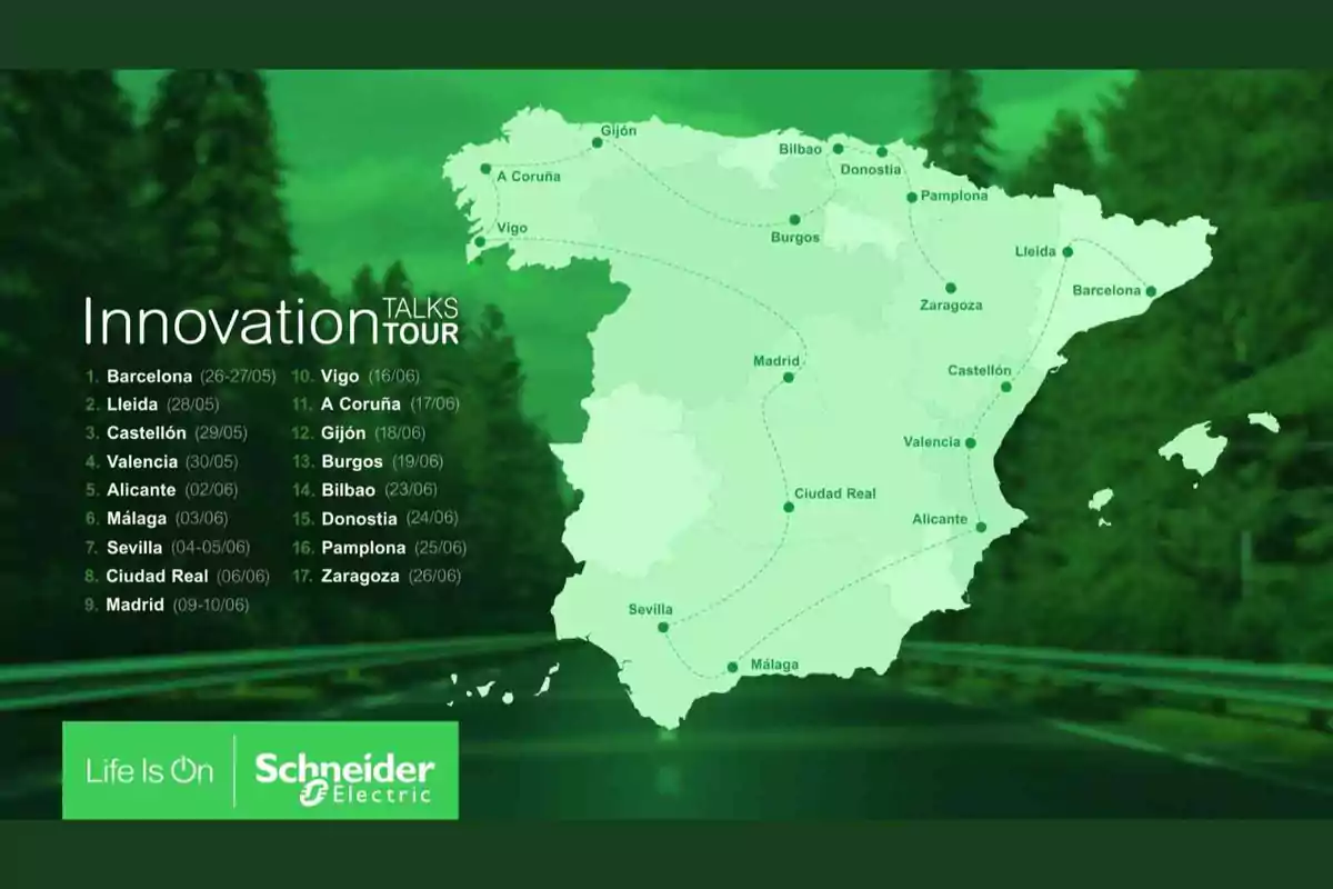 Mapa de España con las ciudades y fechas del Innovation Talks Tour de Schneider Electric sobre un fondo verde con árboles y carretera