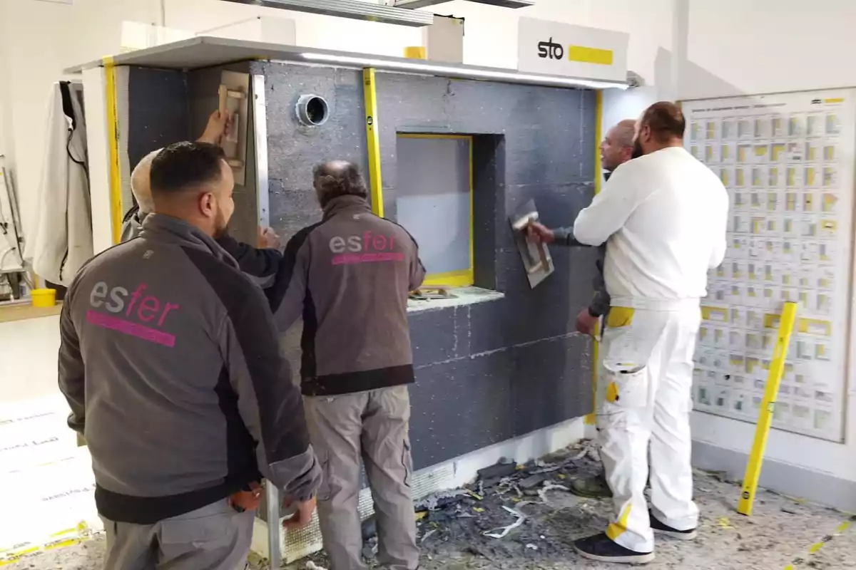 Cuatro hombres trabajan en la instalación de aislamiento térmico en una maqueta de pared dentro de un taller