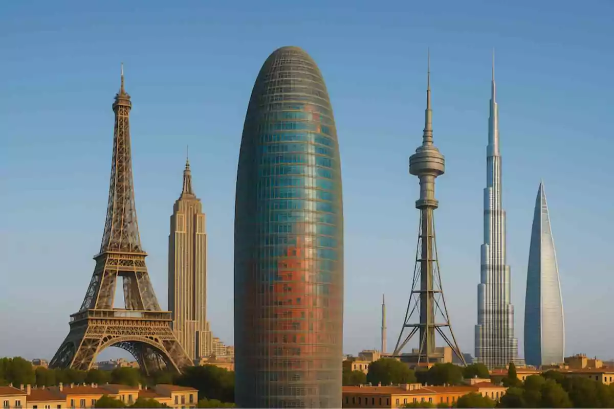Varios rascacielos y torres icónicas del mundo juntos en una misma ciudad bajo un cielo despejado
