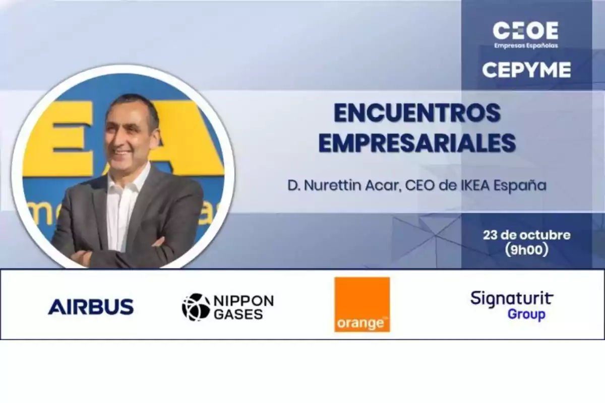 Encuentro empresarial con D. Nurettin Acar, CEO de IKEA España, el 23 de octubre a las 9h00, organizado por CEOE y CEPYME, con logos de Airbus, Nippon Gases, Orange y Signaturit Group.