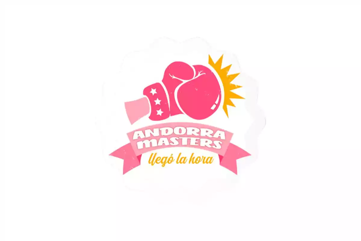 Logotipo de un guante de boxeo rosa con estrellas blancas y un destello amarillo, acompañado del texto "Andorra Masters llegó la hora" en una cinta rosa.