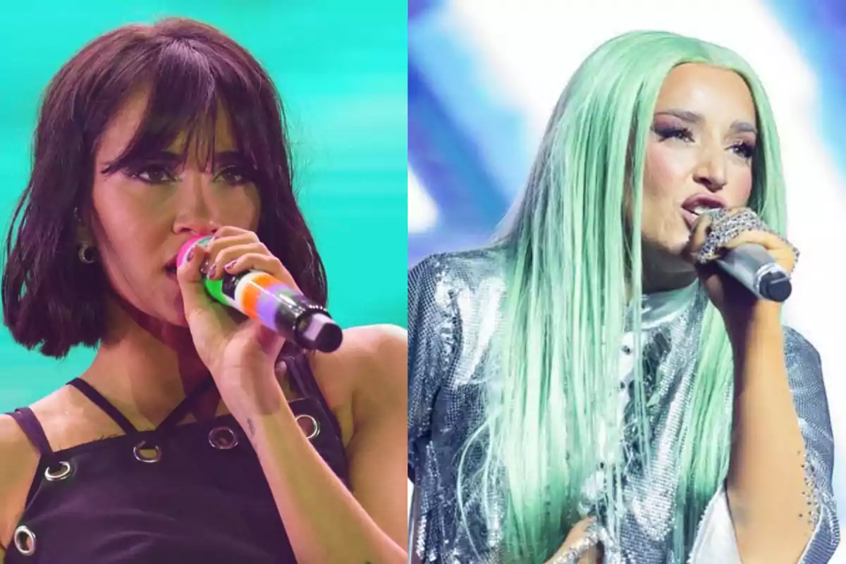 Dos cantantes en el escenario, una con cabello corto y oscuro sosteniendo un micrófono colorido, y otra con cabello largo y verde sosteniendo un micrófono plateado.