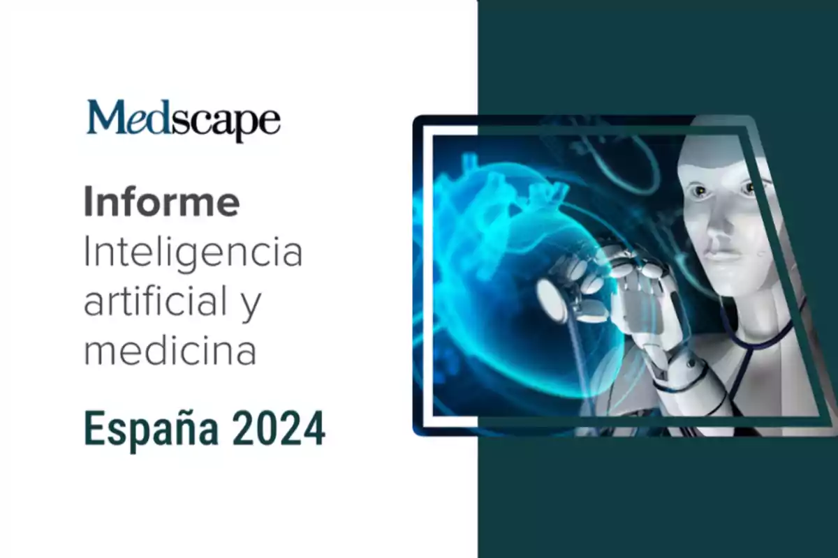 Portada del informe "Inteligencia artificial y medicina" de Medscape para España 2024, con una imagen de un robot interactuando con un holograma.