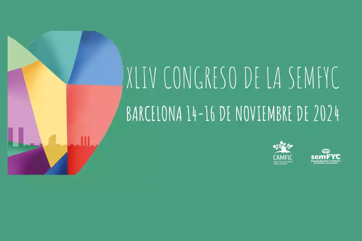 Cartel del XLIV Congreso de la semFYC en Barcelona del 14 al 16 de noviembre de 2024 con un diseño colorido y logotipos de CAMFiC y semFYC.