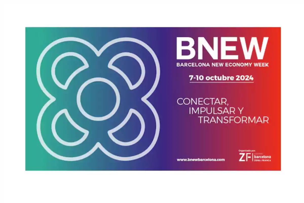 Cartel del evento BNEW Barcelona New Economy Week 2024 con el lema "Conectar, Impulsar y Transformar" y un diseño de fondo en degradado de colores.