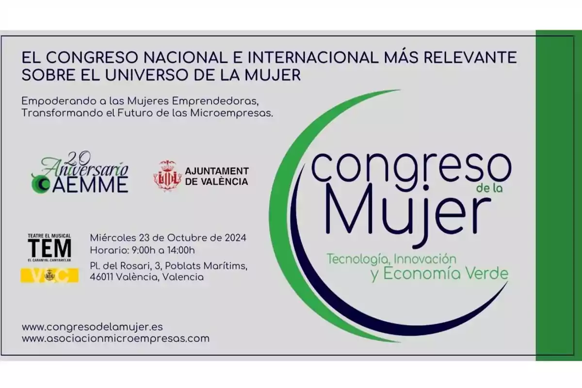 El Congreso de la Mujer se llevará a cabo el 23 de octubre de 2024 en Valencia, enfocado en tecnología, innovación y economía verde, con el objetivo de empoderar a las mujeres emprendedoras y transformar el futuro de las microempresas.