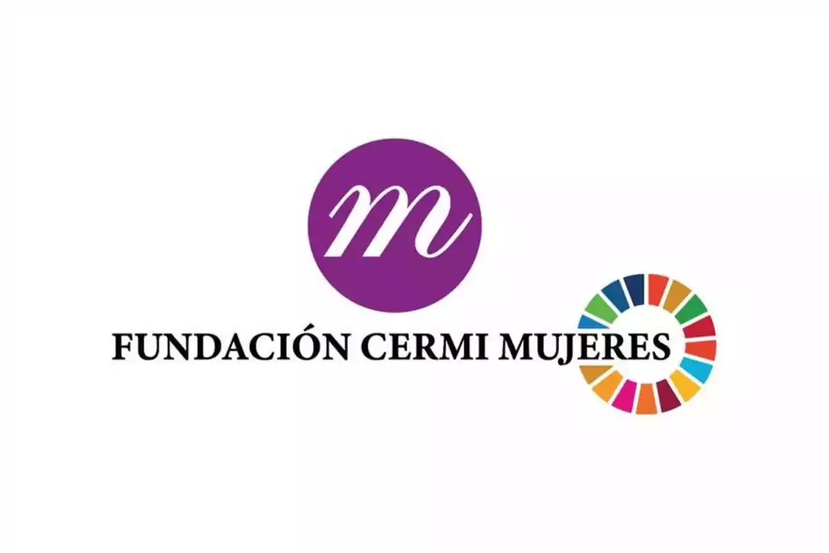 Logotipo de la Fundación CERMI Mujeres con un círculo morado y una letra "m" en el centro y un círculo multicolor a la derecha.