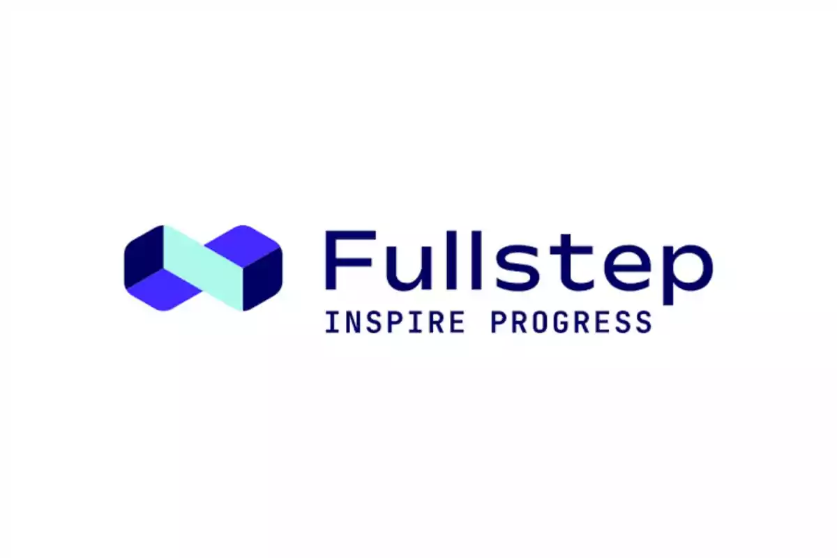 Logotipo de Fullstep con el lema "Inspire Progress" y un diseño geométrico en tonos azul y turquesa.