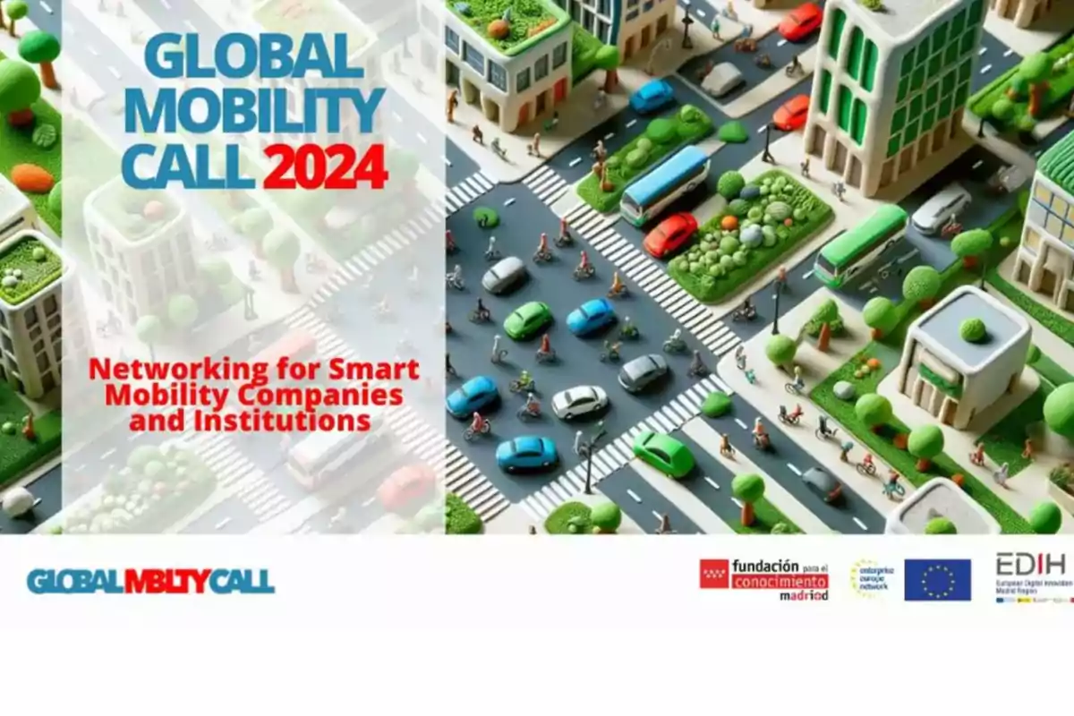 Imagen de un evento llamado Global Mobility Call 2024 con el lema "Networking for Smart Mobility Companies and Institutions" que muestra una ciudad con edificios, calles, autos y personas en bicicletas.