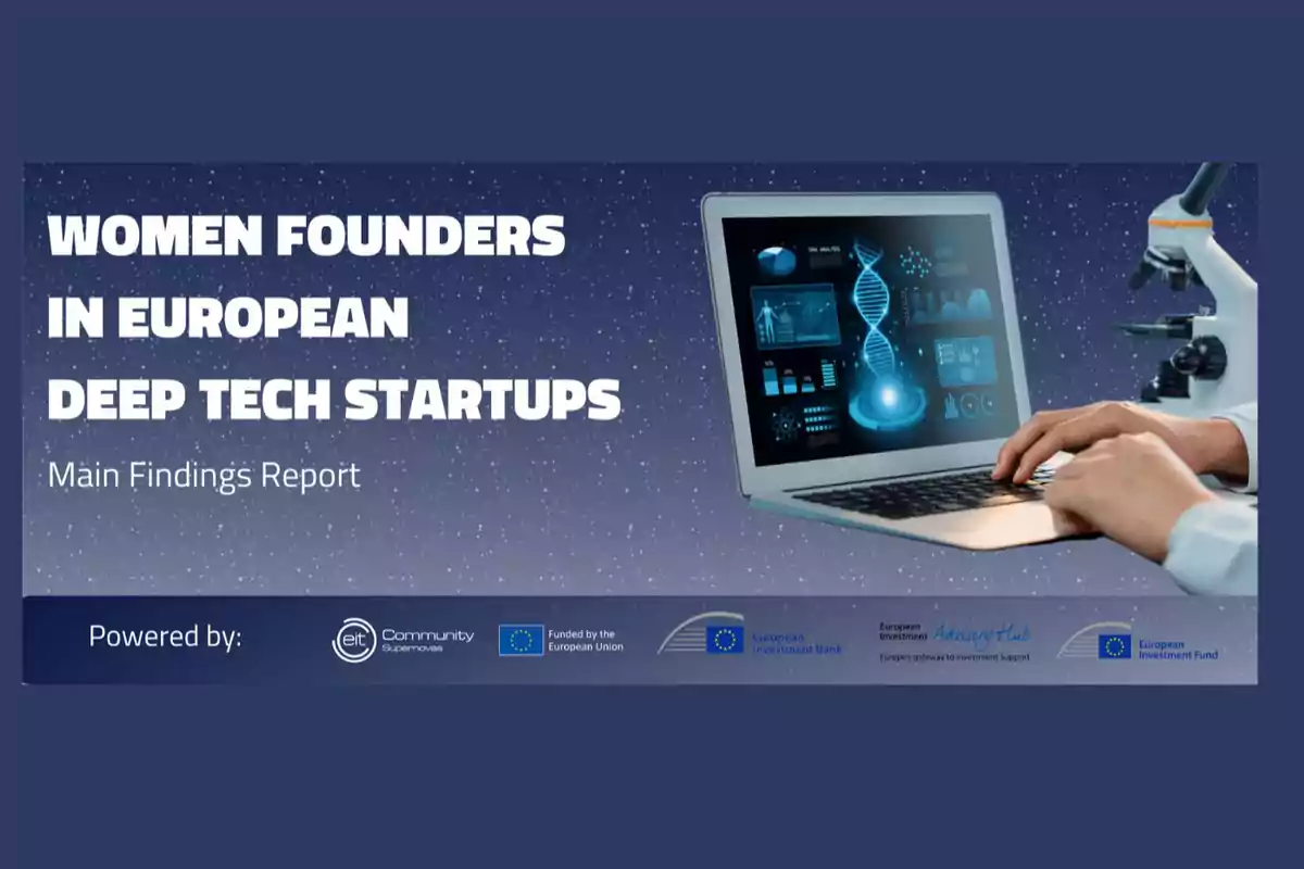 Informe sobre mujeres fundadoras en startups europeas de tecnología profunda con una imagen de una computadora portátil mostrando gráficos científicos y un microscopio al lado.