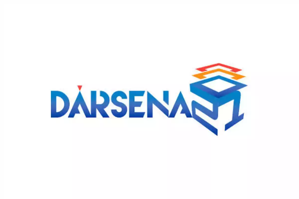 Logotipo de Dársena con letras azules y un diseño geométrico en colores rojo, naranja y azul.