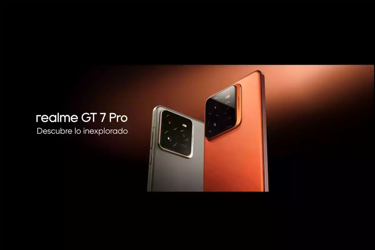 Dos teléfonos Realme GT 7 Pro en colores gris y naranja con el texto "Descubre lo inexplorado" sobre un fondo oscuro.