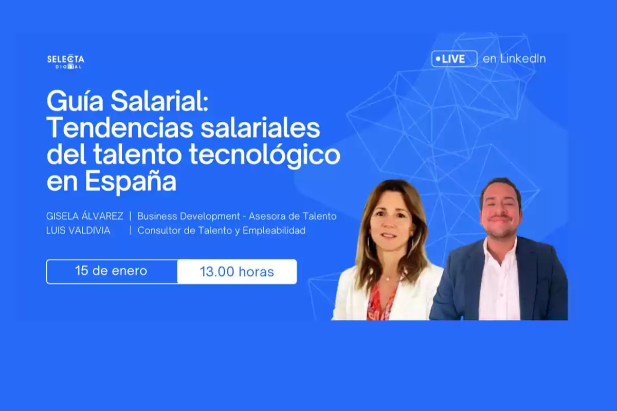 Imagen promocional de un evento en LinkedIn sobre tendencias salariales del talento tecnológico en España con dos personas en primer plano y detalles del evento.